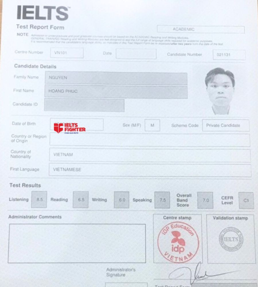 Chứng chỉ Nguyễn Hoàng Phúc 7.0 IELTS