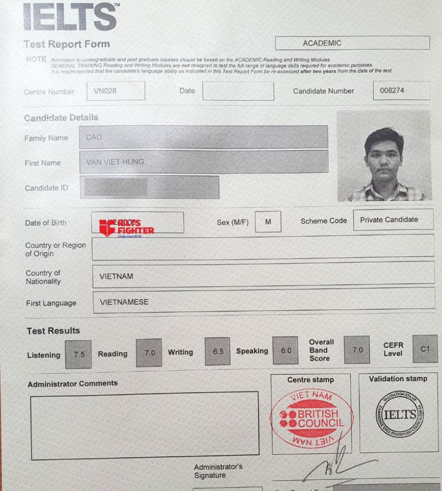 Chứng chỉ Cao Văn Việt Hưng 7.0 IELTS