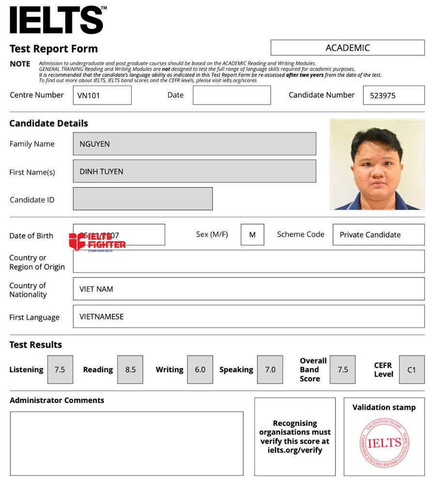 Chứng chỉ Nguyễn Đình Tuyển 7.5 IELTS