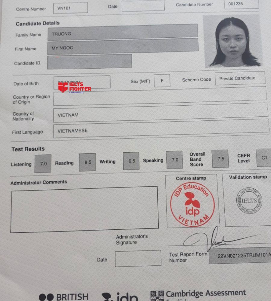 Chứng chỉ Trương Mỹ Ngọc 7.5 IELTS