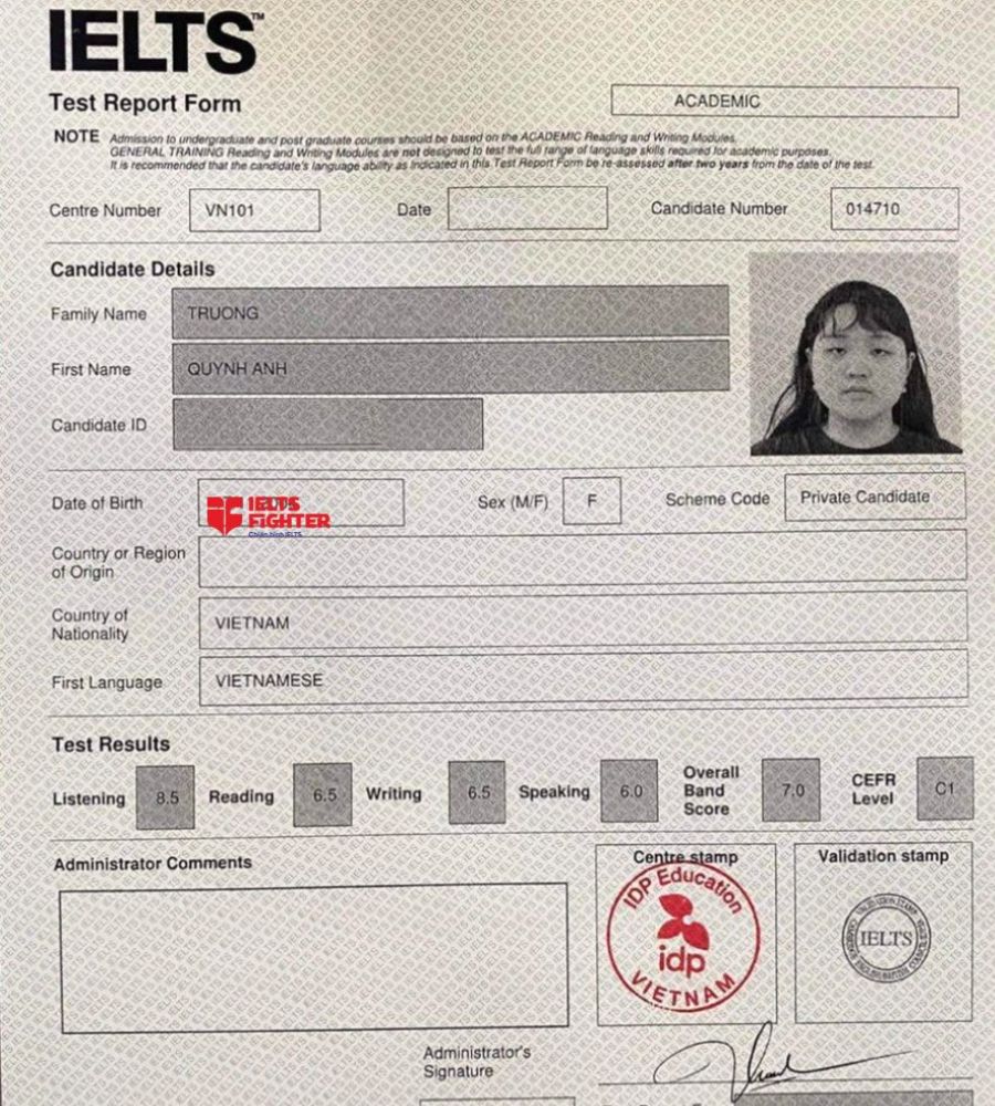 Chứng chỉ Trương Quỳnh Anh 7.0 IELTS