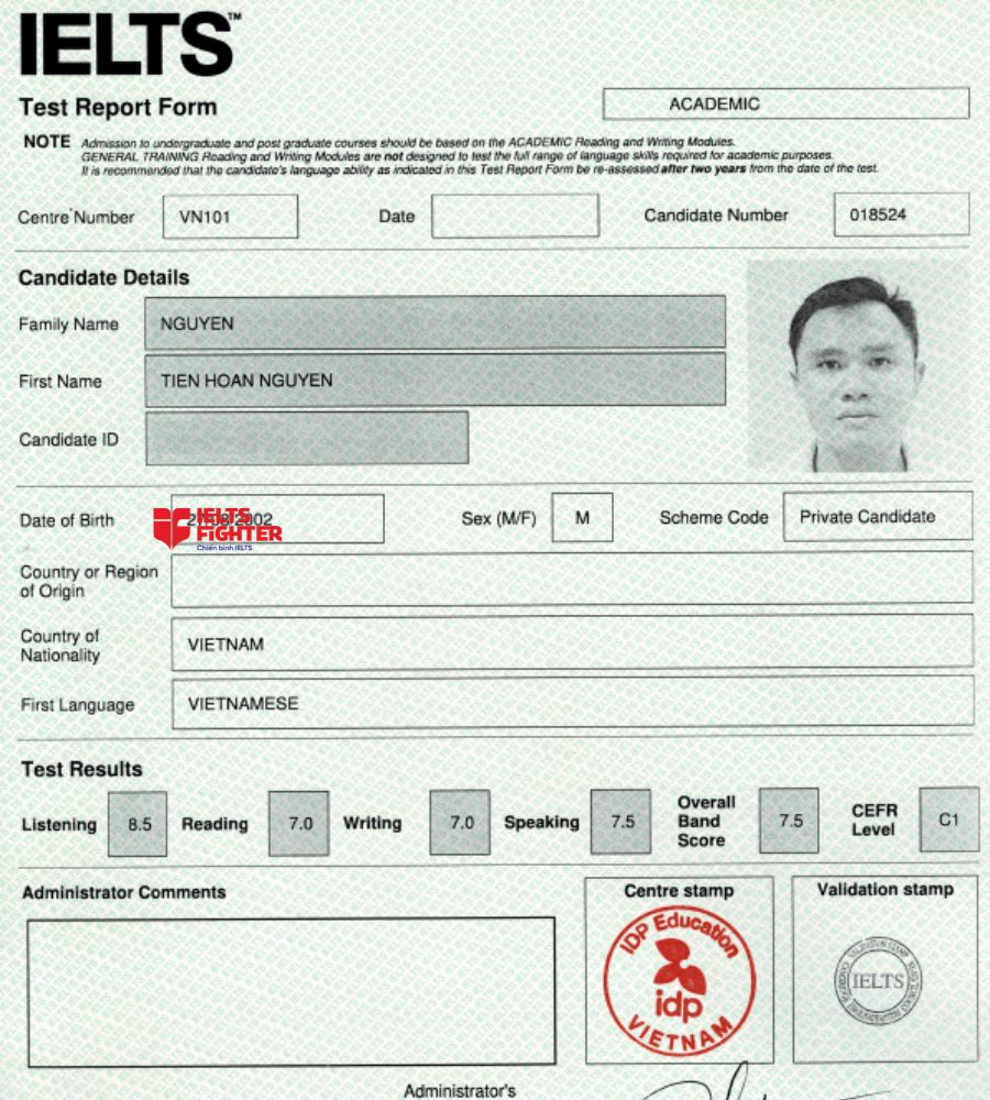 Chứng chỉ Nguyễn Tiến Hoàn Nguyên 7.0 IELTS