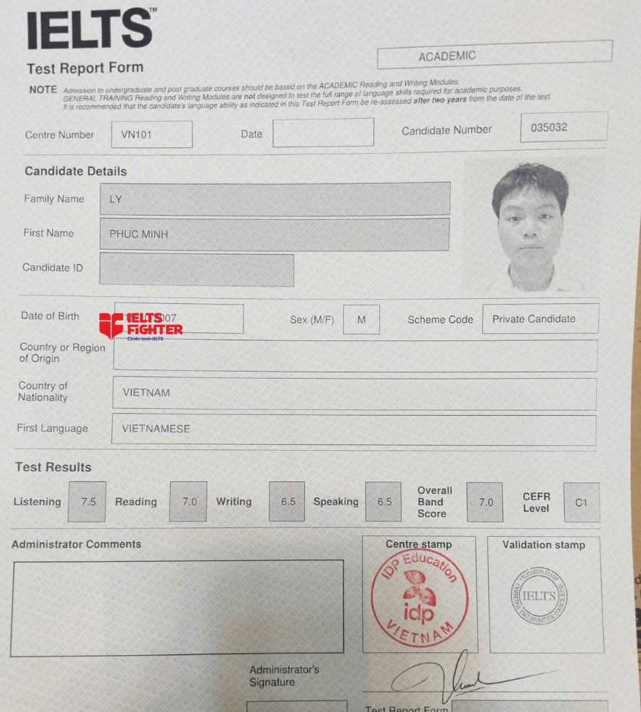 Chứng chỉ Lý Phúc Minh 7.0 IELTS
