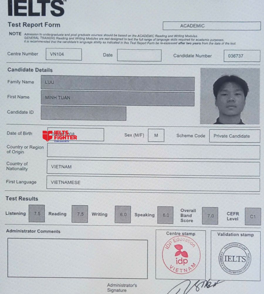 Chứng chỉ Lưu Minh Tuấn 7.0 IELTS