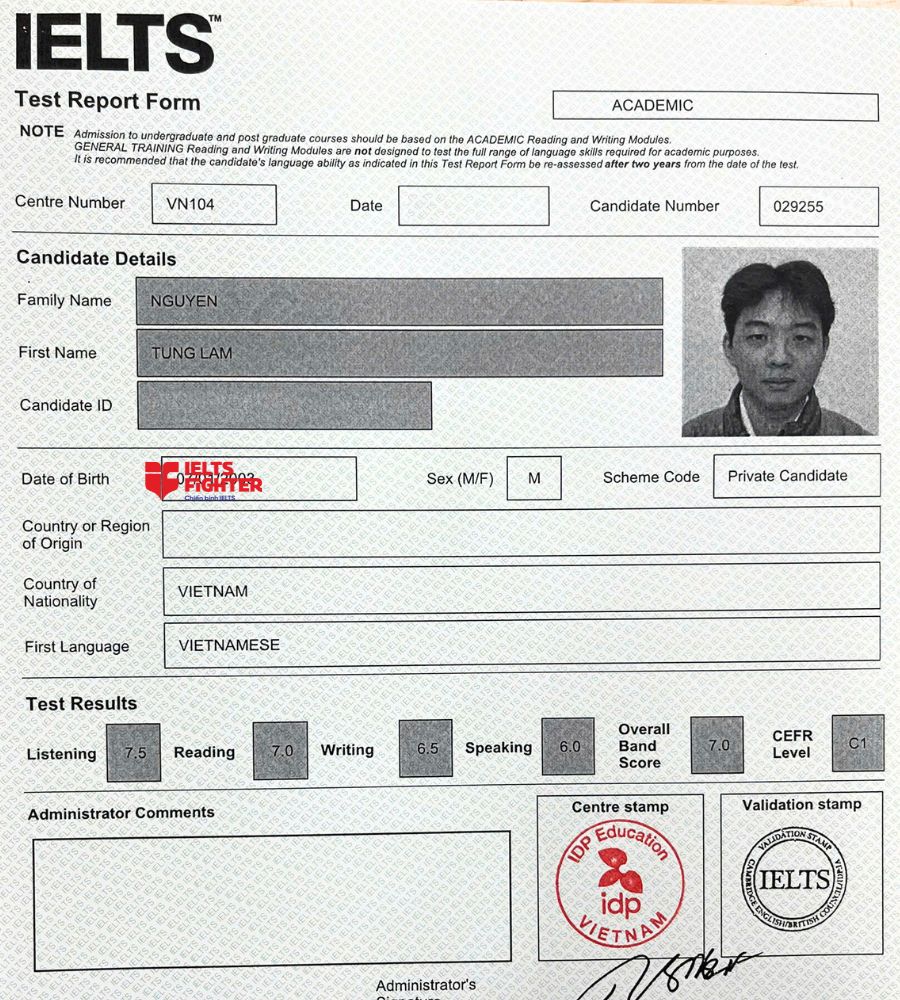Chứng chỉ Nguyễn Tùng Lâm 7.0 IELTS