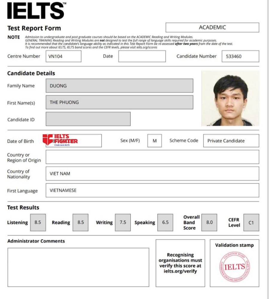 Chứng chỉ Dương Thế Phương  8.0 IELTS