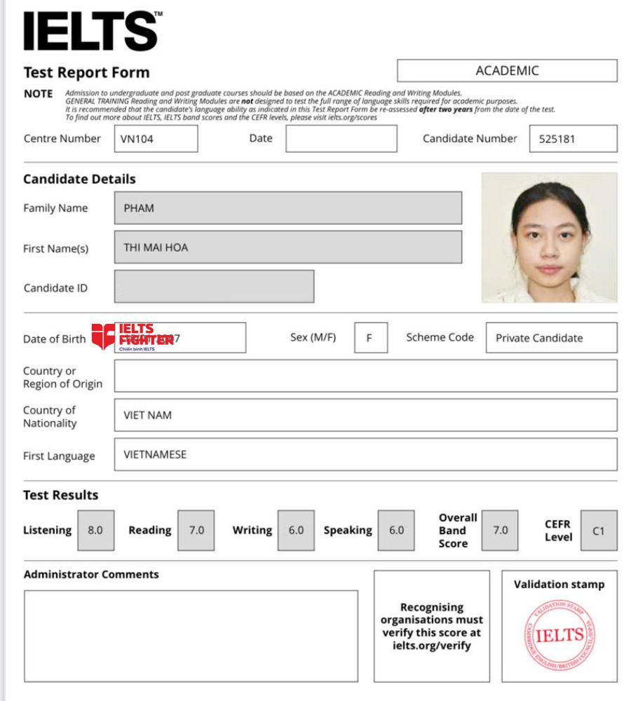 Chứng chỉ Phạm Thị Mai Hoa  7.0 IELTS