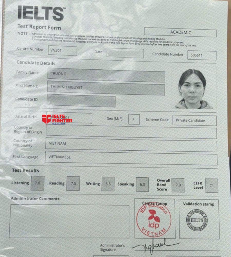 Chứng chỉ Trương Thị Minh Nguyệt 7.0 IELTS
