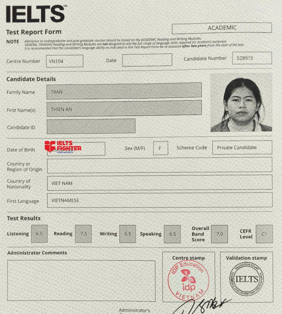 Chứng chỉ Trần Thi&ecirc;n An 7.0 IELTS