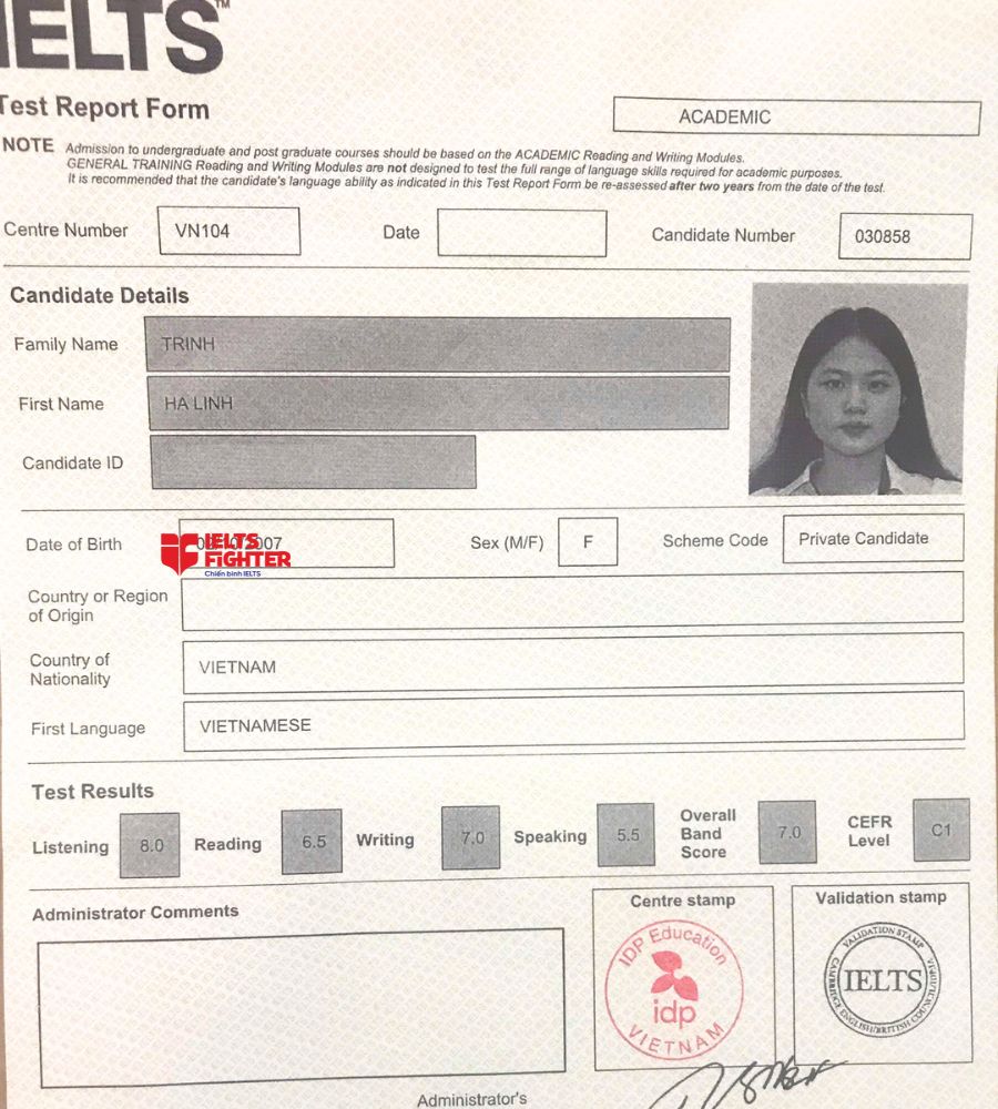 Chứng chỉ Trịnh H&agrave; Linh 7.0 IELTS