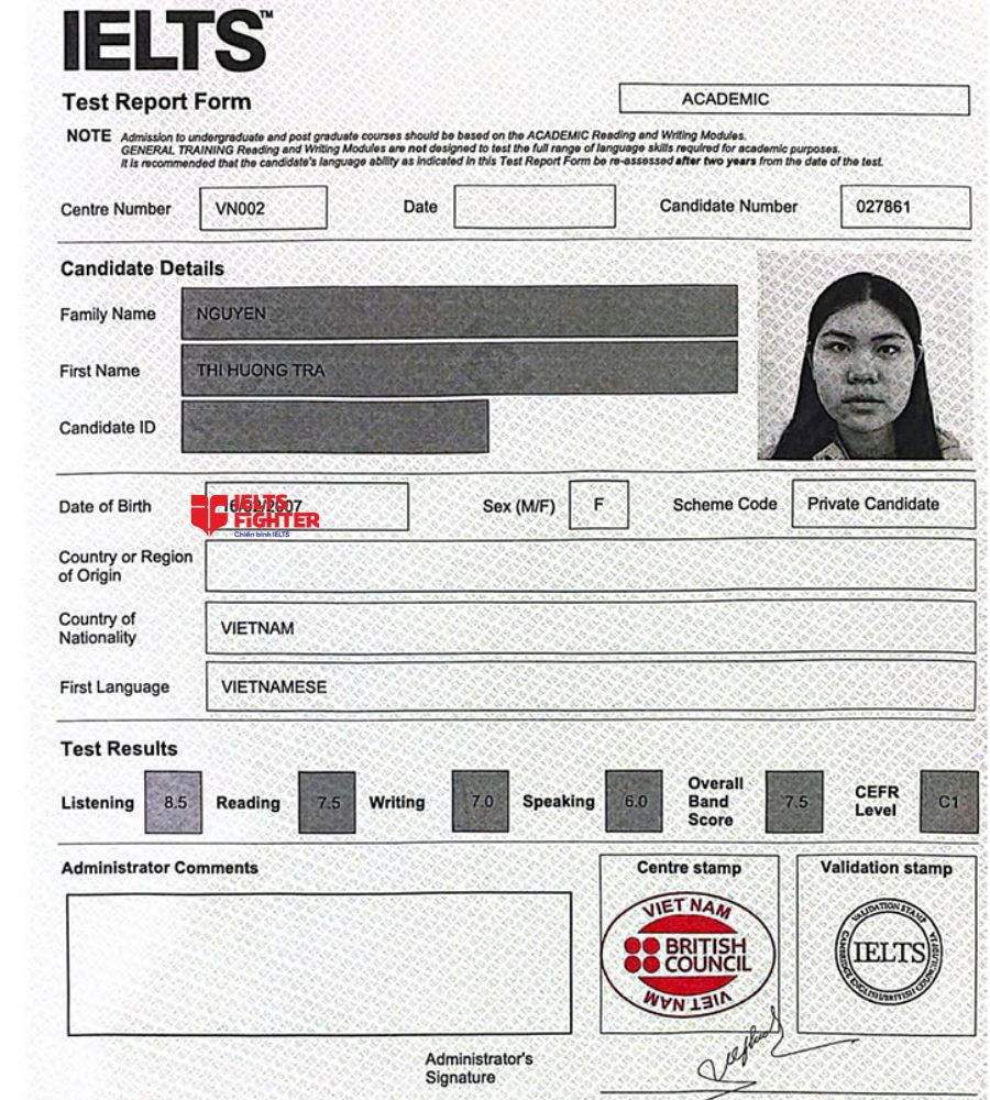 Chứng chỉ Nguyễn Hương Trà 7.0 IELTS