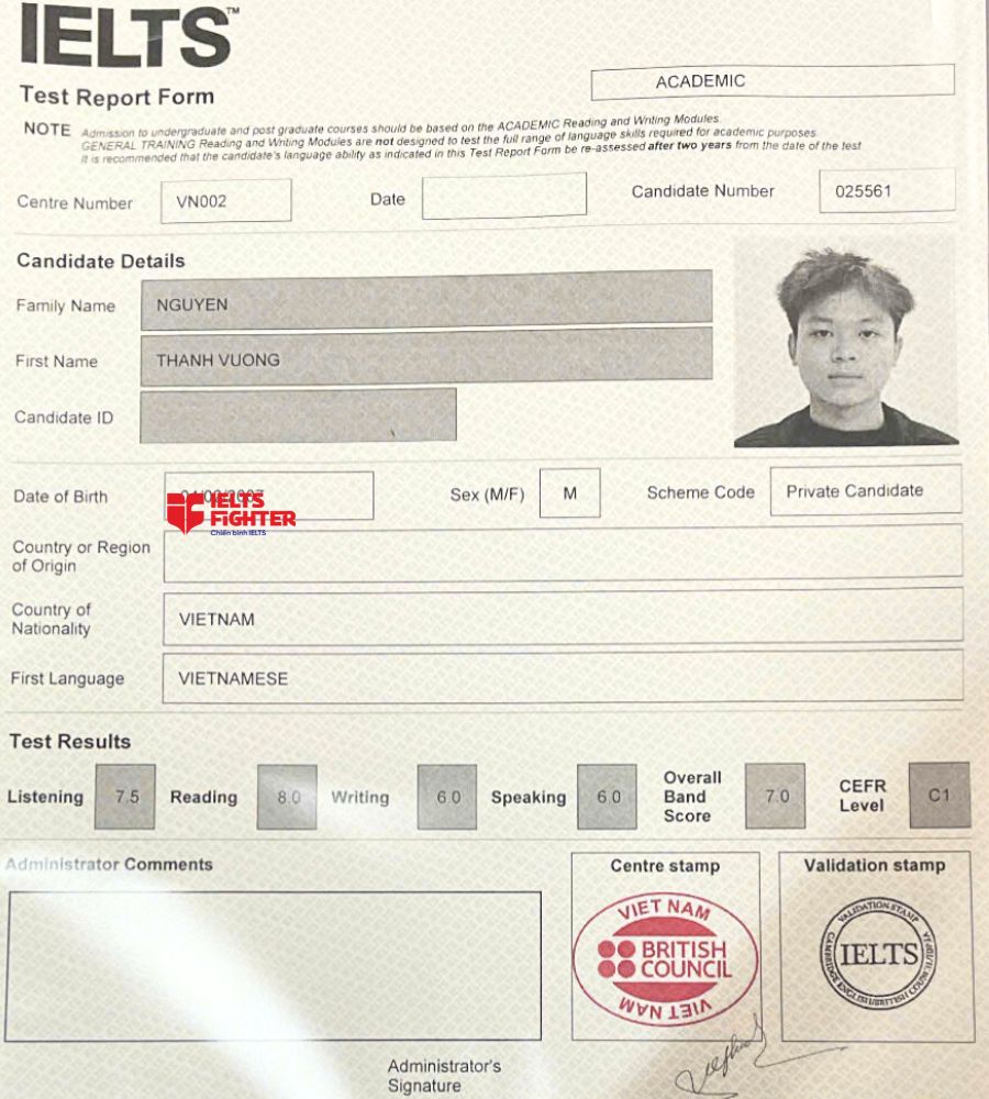 Chứng chỉ Nguyễn Th&agrave;nh Vương  7.0 IELTS