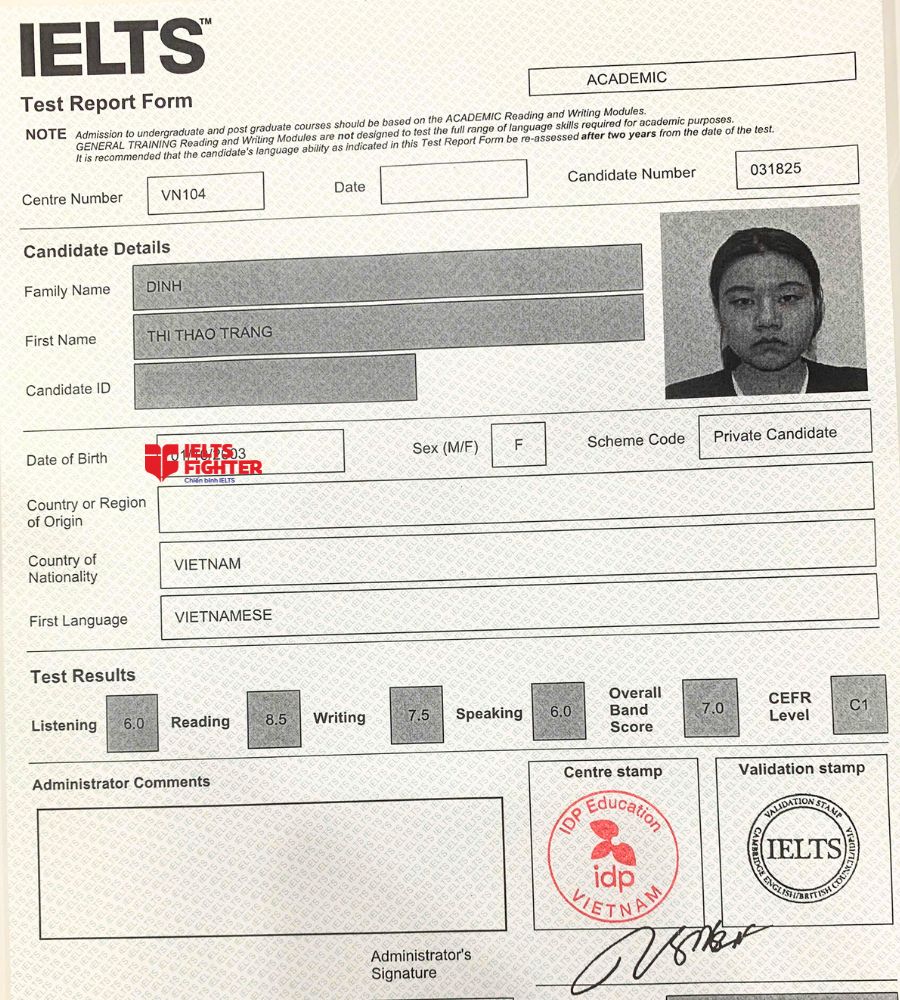 Chứng chỉ Đinh Thị Thảo Trang  7.0 IELTS