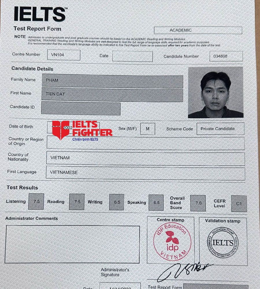 bảng điểm Tiến đạt 7.0 IELTS