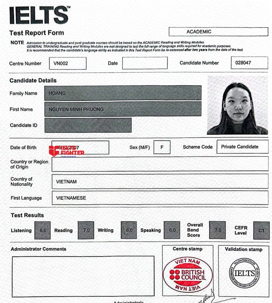 Chứng chỉ Ho&agrave;ng Nguyễn Minh Phương  7.0 IELTS