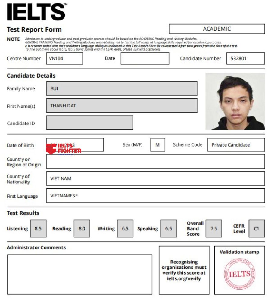 Chứng chỉ B&ugrave;i Th&agrave;nh Đạt  7.5 IELTS