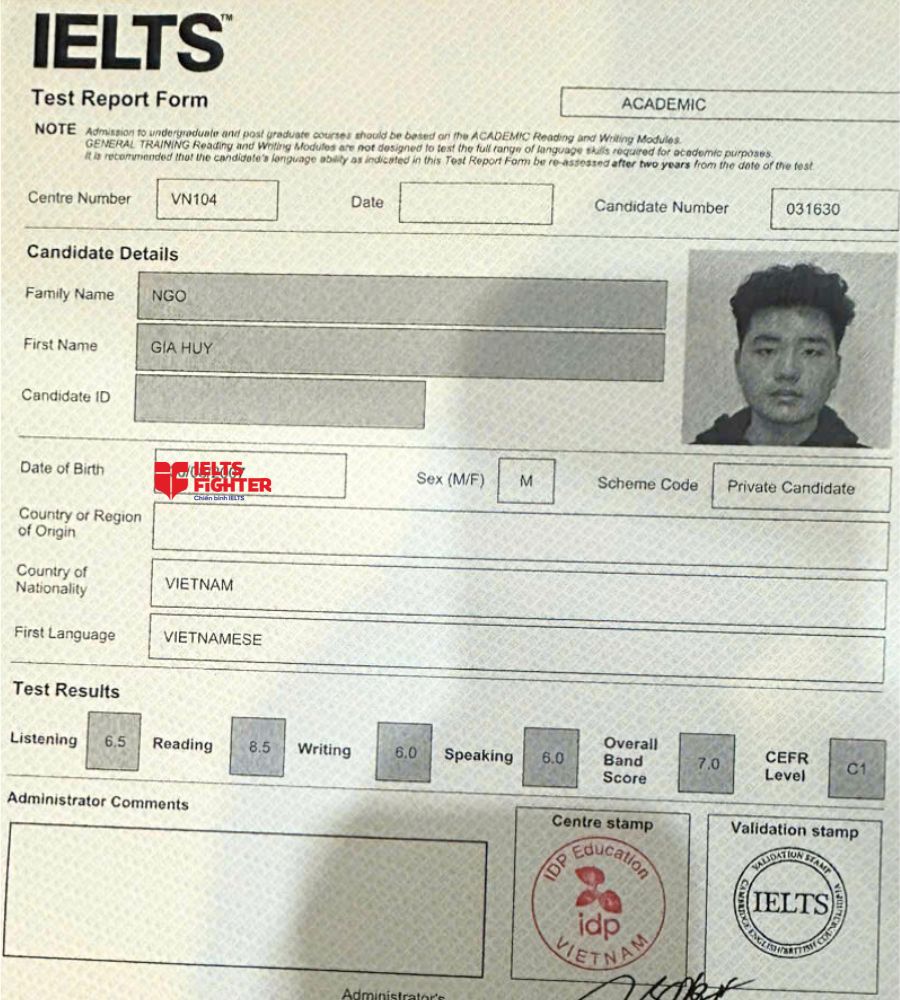 Chứng chỉ Ng&ocirc; Gia Huy 7.0 IELTS