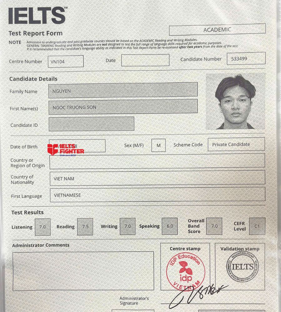 Chứng chỉ Nguyễn Ngọc Trường Sơn 7.5 IELTS