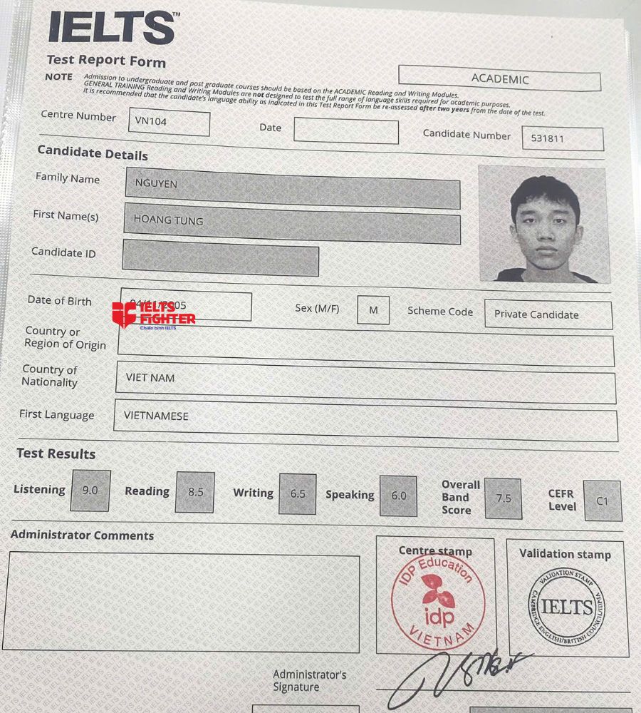 Chứng chỉ Nguyễn Ho&agrave;ng T&ugrave;ng 7.5 IELTS