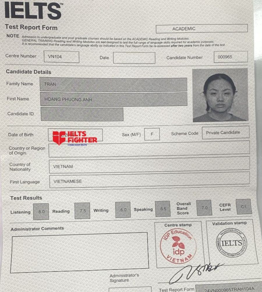 bảng điểm Hoàng Phương Anh 7.0 IELTS
