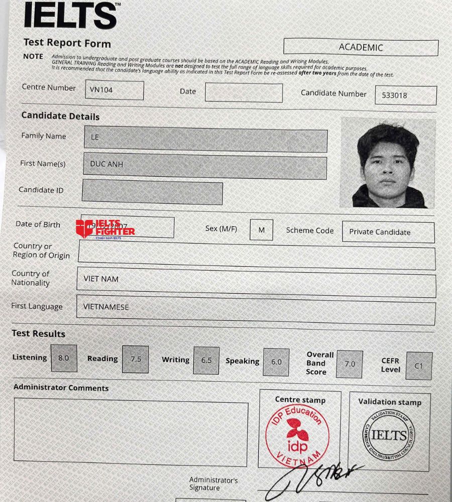 Chứng chỉ L&ecirc; Đức Anh  7.0 IELTS