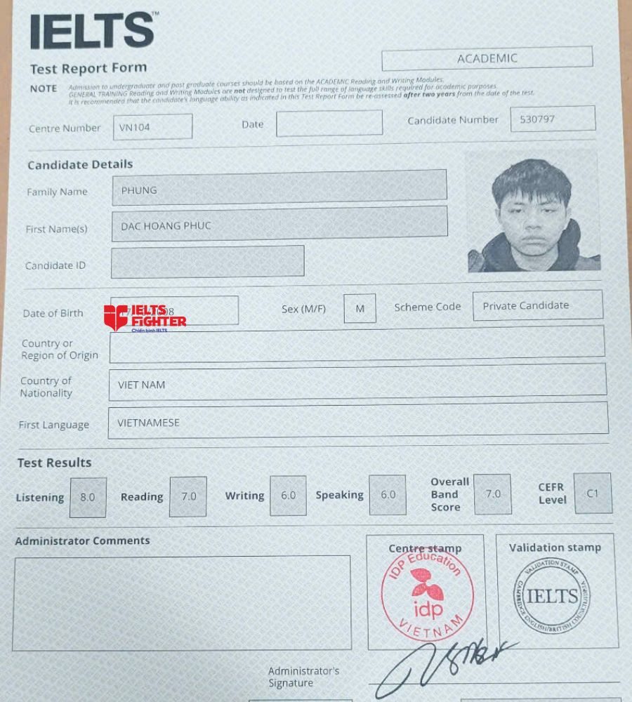 Chứng chỉ Phùng Đắc Hoàng Phúc 7.0 IELTS