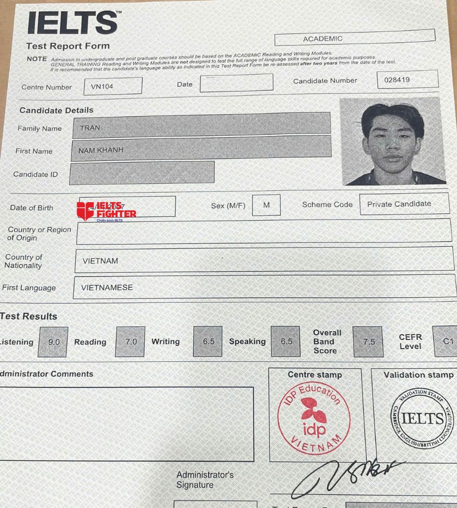 Chứng chỉ Trần Nam Kh&aacute;nh 7.0 IELTS