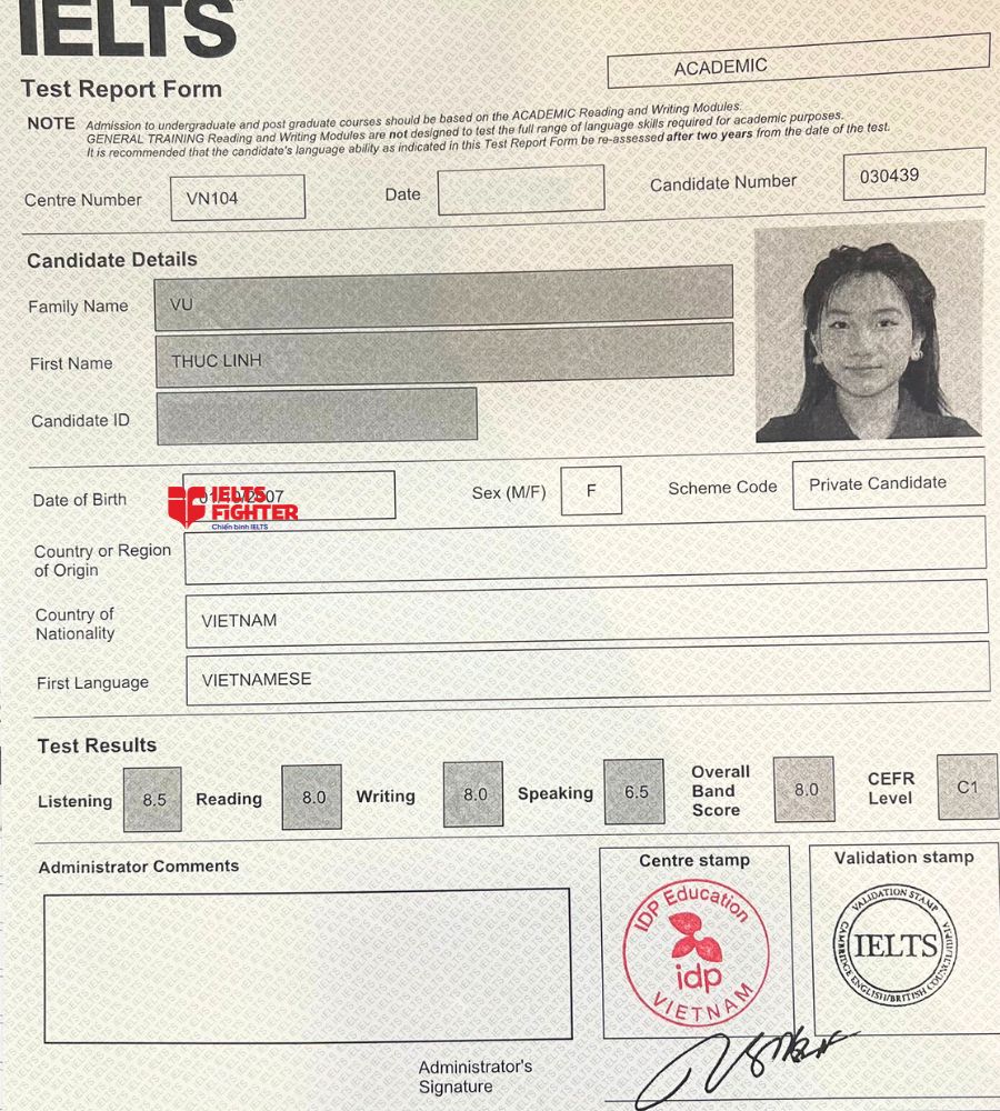 Chứng chỉ Vũ Thục Linh 8.0 IELTS