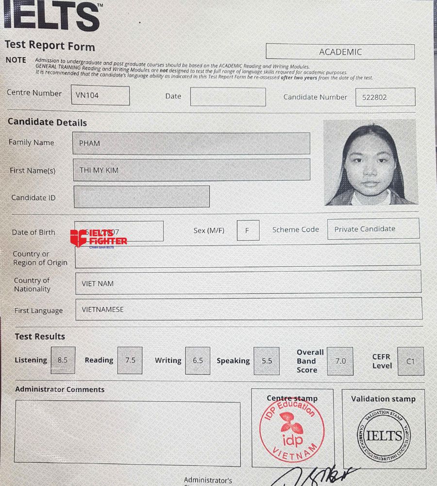 Chứng chỉ Phạm Thị Mỹ Kim  7.0 IELTS