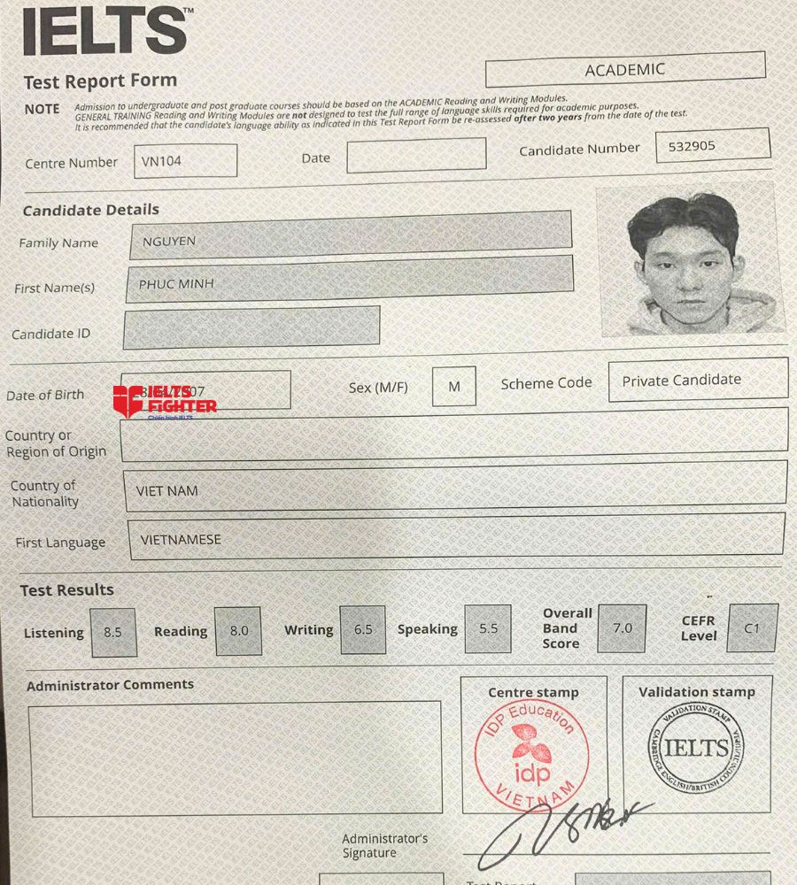 Chứng chỉ Nguyễn Phúc Minh 7.0 IELTS