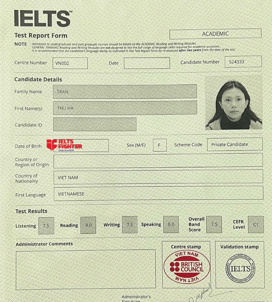 Chứng chỉ Trần Thu Hà 7.5 IELTS