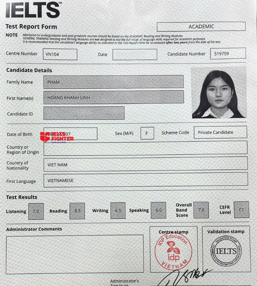 Chứng chỉ Phạm Ho&agrave;ng Kh&aacute;nh Linh 7.0 IELTS