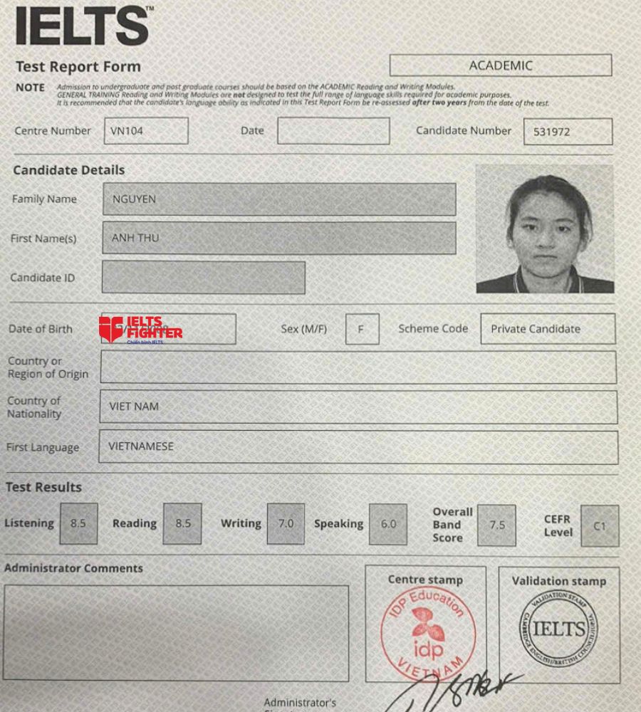 Chứng chỉ Nguyễn Anh Thư 7.5 IELTS