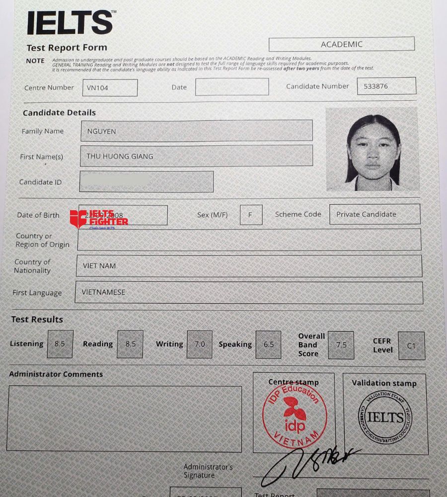 Chứng chỉ Nguyễn Thu Hương Giang 7.5 IELTS