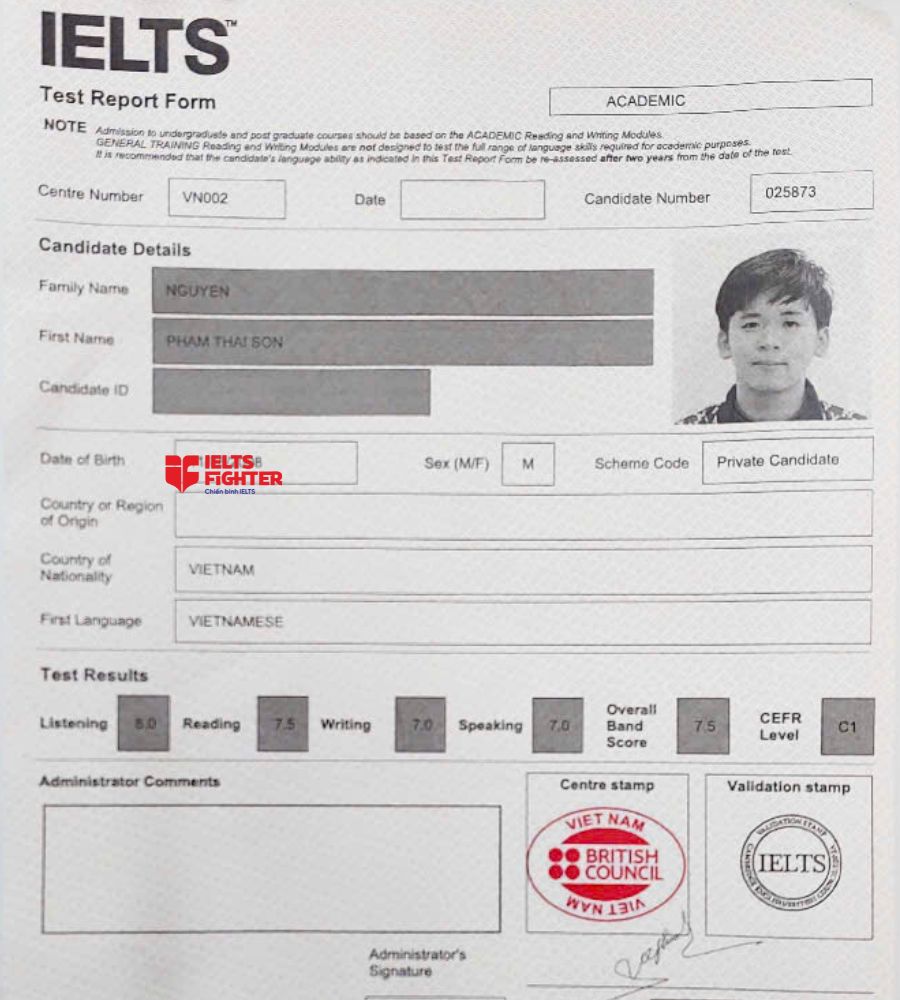 chứng chỉ Nguyễn Phạm Th&aacute;i Sơn 7.0 IELTS