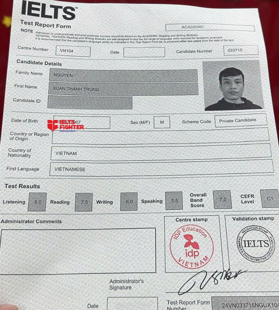 Chứng chỉ Nguyễn Xu&acirc;n Th&agrave;nh Trung 7.0 IELTS