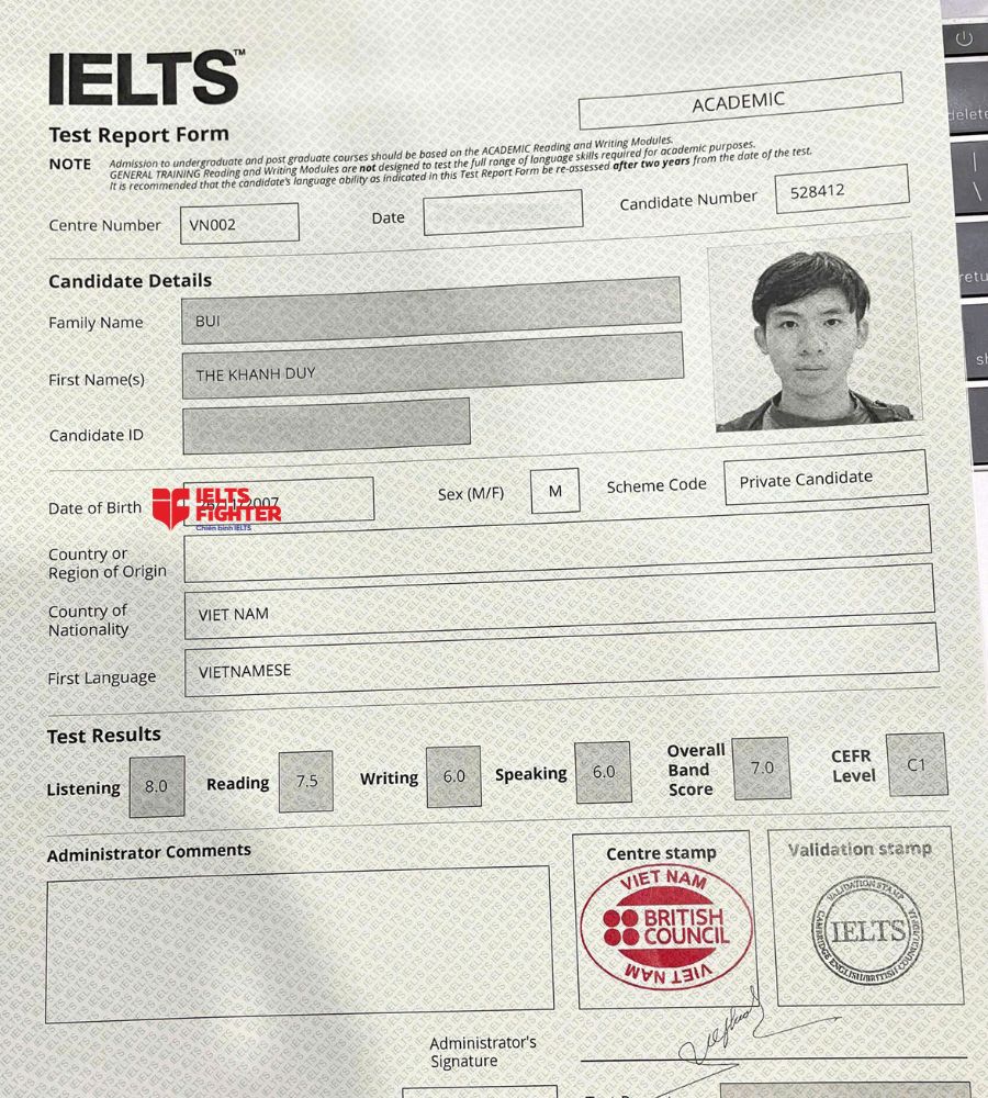 Chứng chỉ B&ugrave;i Thế Kh&aacute;nh Duy 7.0 IELTS