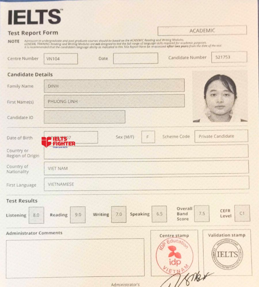 Chứng chỉ Đinh Phương Linh  7.5 IELTS