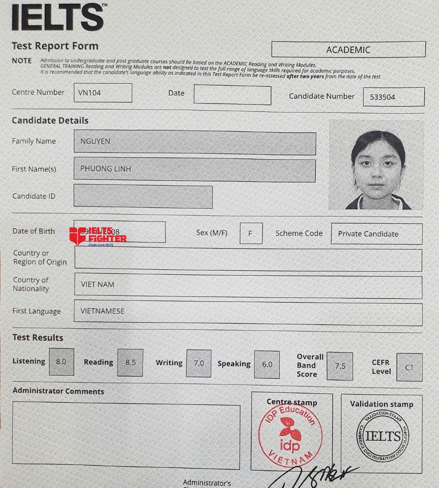 Chứng chỉ Nguyễn Phương Linh 7.5 IELTS