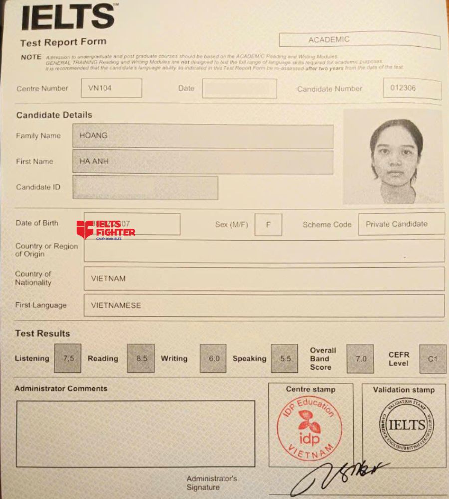 Chứng chỉ Ho&agrave;ng H&agrave; Anh 7.0 IELTS
