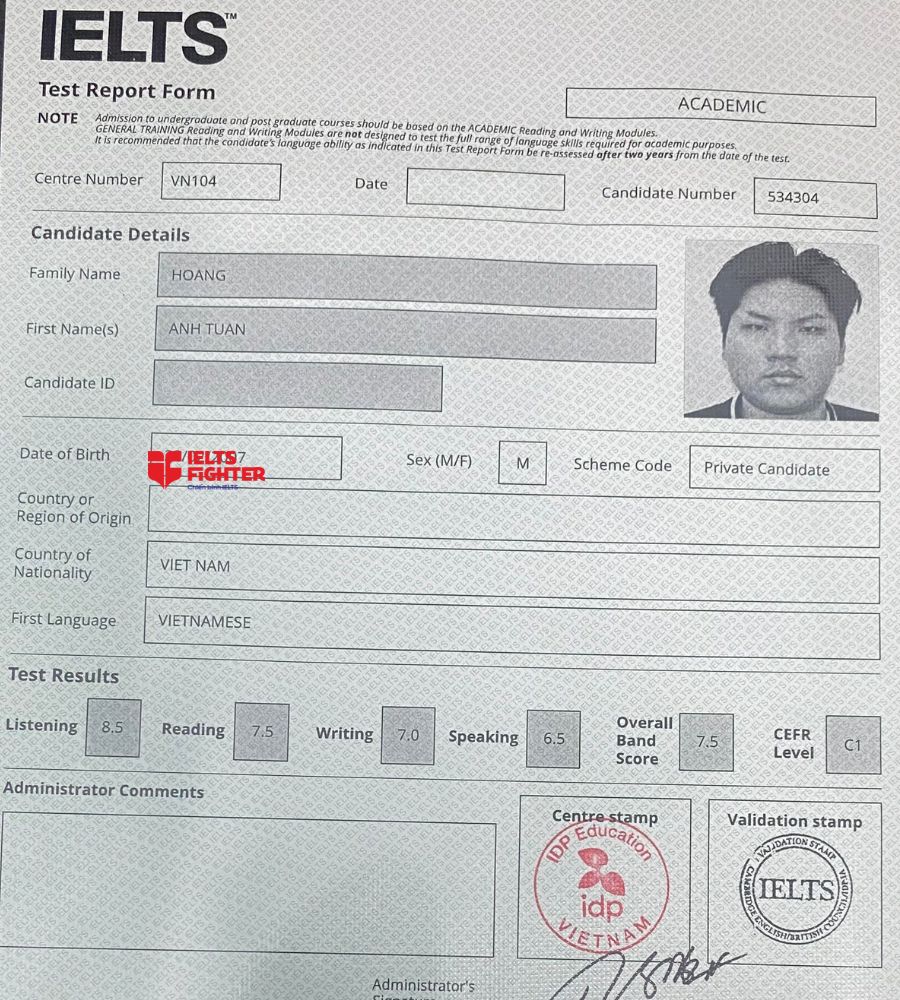 Chứng chỉ Ho&agrave;ng Anh Tuấn 7.5 IELTS