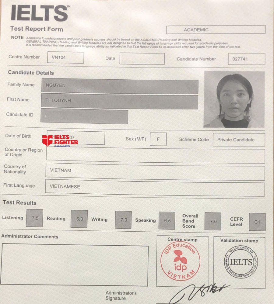 Chứng chỉ Nguyễn Thị Quỳnh 7.0 IELTS