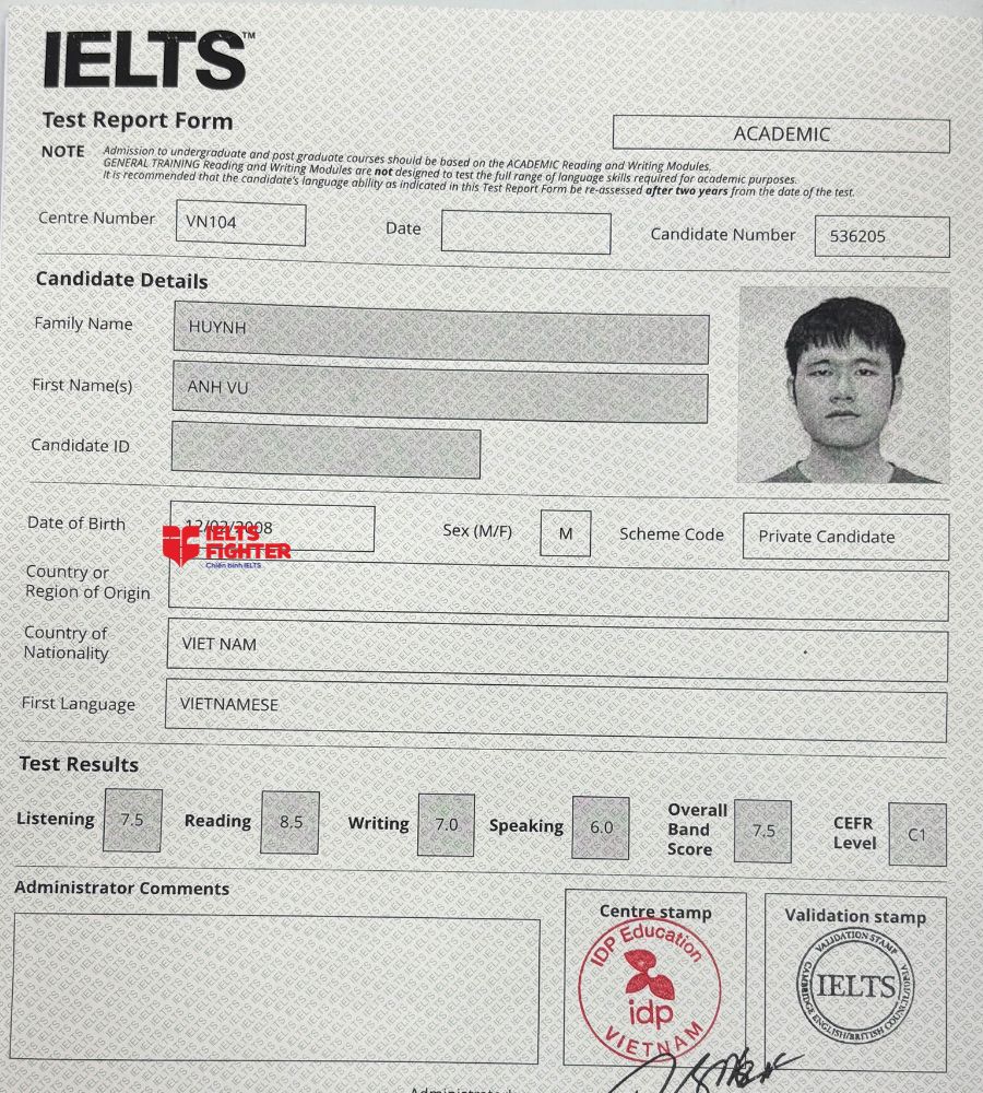 Chứng chỉ Huỳnh Anh Vũ 7.5 IELTS