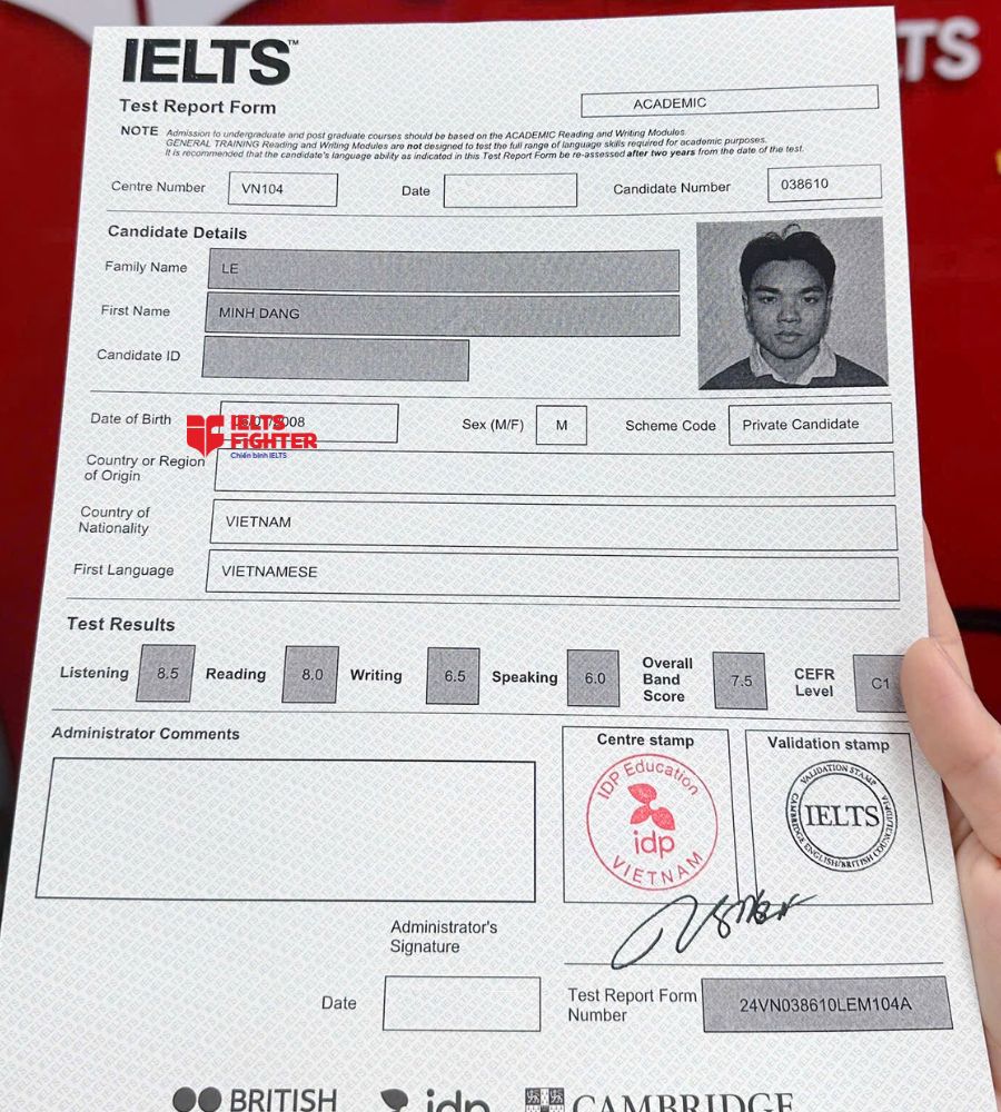 Chứng chỉ L&ecirc; Minh Đăng 7.5 IELTS