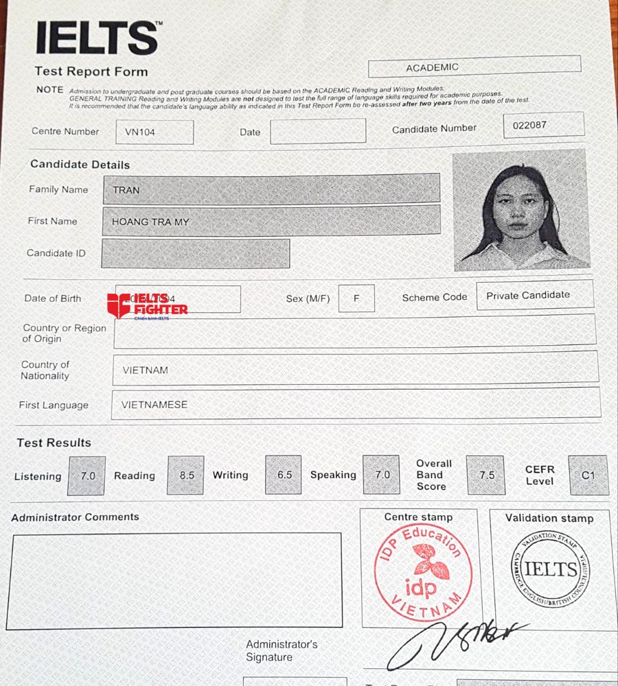 học vi&ecirc;n ielts fighter bắc ninh - bảng điểm tr&agrave; my 7.5 IELTS