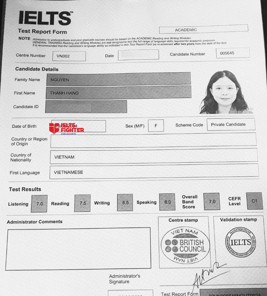 học vi&ecirc;n IELTS Fighter Bắc Ninh - thanh hằng 7.0 IELTS