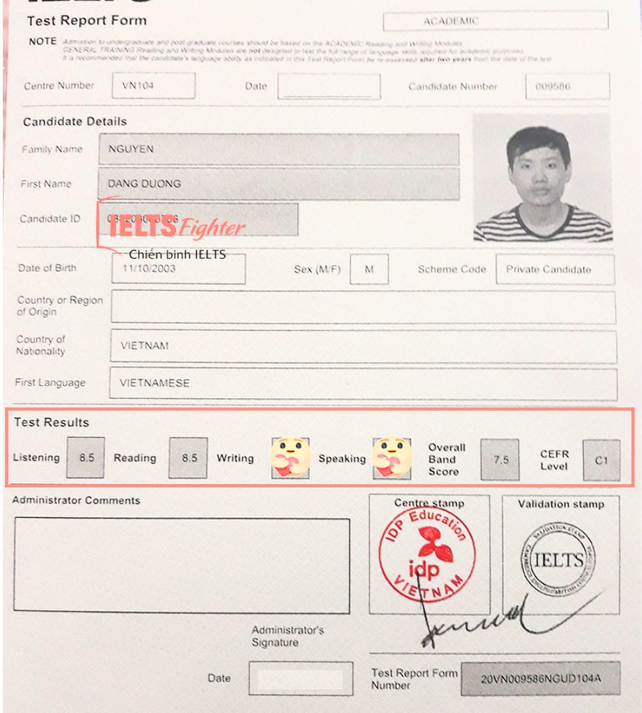 Chứng chỉ Nguyễn Đăng Dương&nbsp; 7.5&nbsp;IELTS