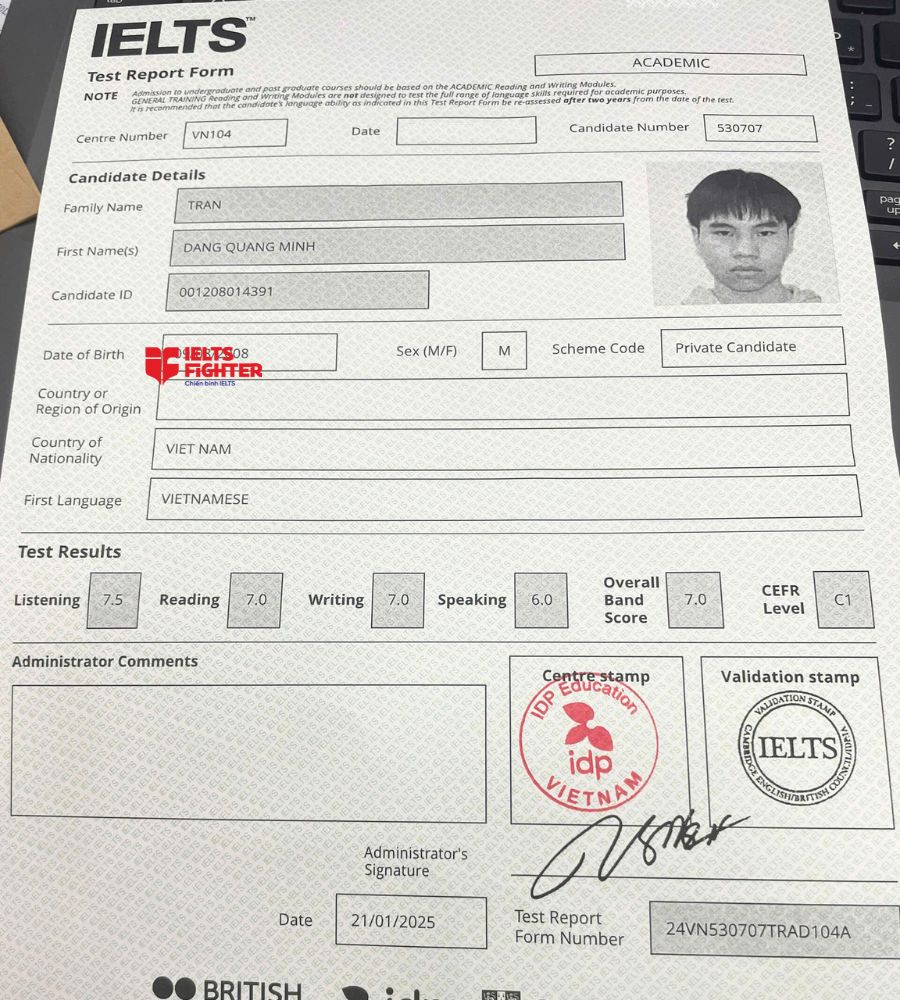 Chứng chỉ Trần Đăng Quang Minh 7.0 IELTS