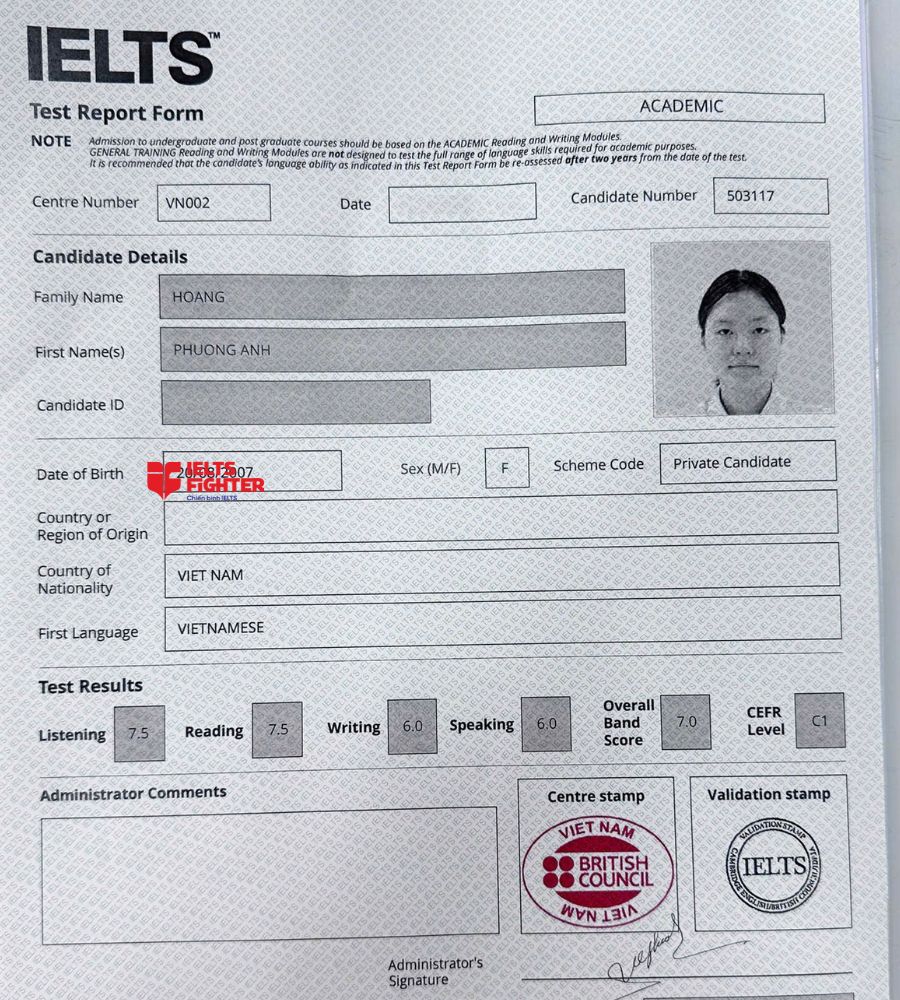 Chứng chỉ Ho&agrave;ng Phương Anh 7.0 IELTS