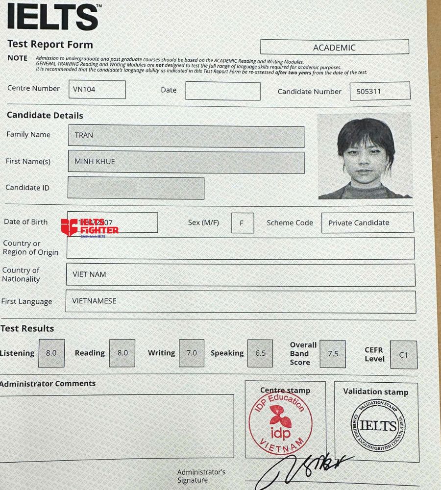 Chứng chỉ Trần Minh Khu&ecirc; 7.0 IELTS